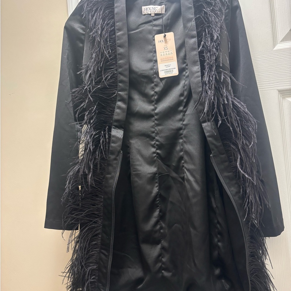 Black Satin Dress with Feather Detail (Tara) House Of CB - Picture 8 of 8